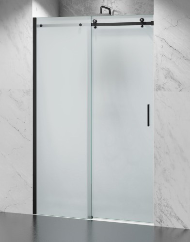 Drzwi Prysznicowe Przesuwne, Czarne Okucia, Szkło Mrożone Mleczne