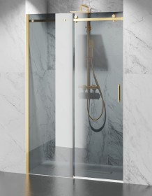 Okucia Złoto Szczotkowane, Szkło Grafitowe Dymione, Drzwi Prysznicowe Przesuwne.