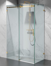 Kabina Prysznicowa Przesuwna Bezprofilowa, szkło transparentne, okucia złoty połysk