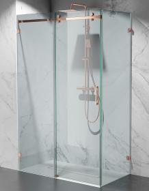 Kabina Prysznicowa Przesuwna Bezprofilowa, szkło transparentne, okucia złoty róż