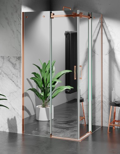 złota kabina prysznicowa dwustronnie przesuwna U20 okucia złoty róż szkło efekt lustra zdjęcie 1 polskie kabiny
