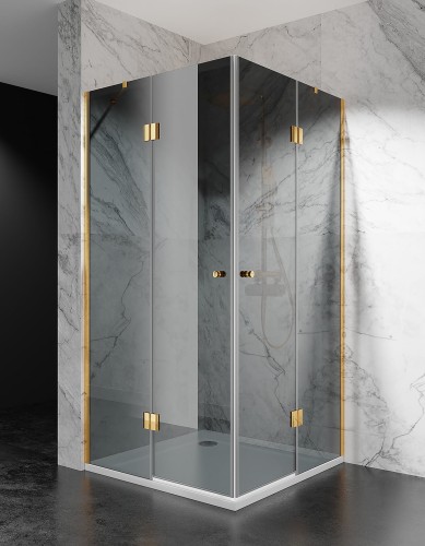Złota kabina prysznicowa podwójnie uchylna bezprogowa DV2000, okucia złoto szczotkowane szkło grafit zdjęcie 1 polskie kabiny