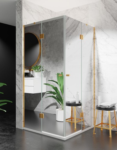 złota kabina prysznicowa podwójnie uchylna bezprogowa DV2000, okucia złoto szczotkowane szkło efekt lustra zdjęcie 1 polskie kabiny