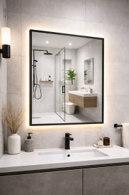 Prostokątne Lustro z Czarną Ramą LED