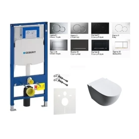  Zestaw podtynkowy Geberit Duofix (UP320) 7w1: misa CLARISA WC serii Rimless, stelaż, przycisk do stelaża opcjonalnie, deska wolnoopadająca slim, przekładka akustyczna, wsporniki dystansowe oraz kompletny zestaw instalacyjny 
