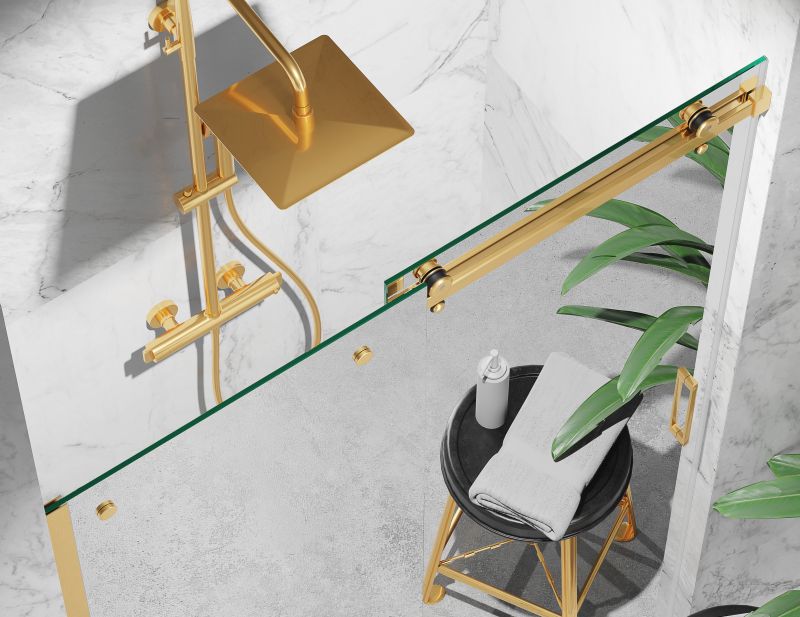 Drzwi Prysznicowe Przesuwne, Okucia Złoto Szczotkowane, Szkło Lustrzane